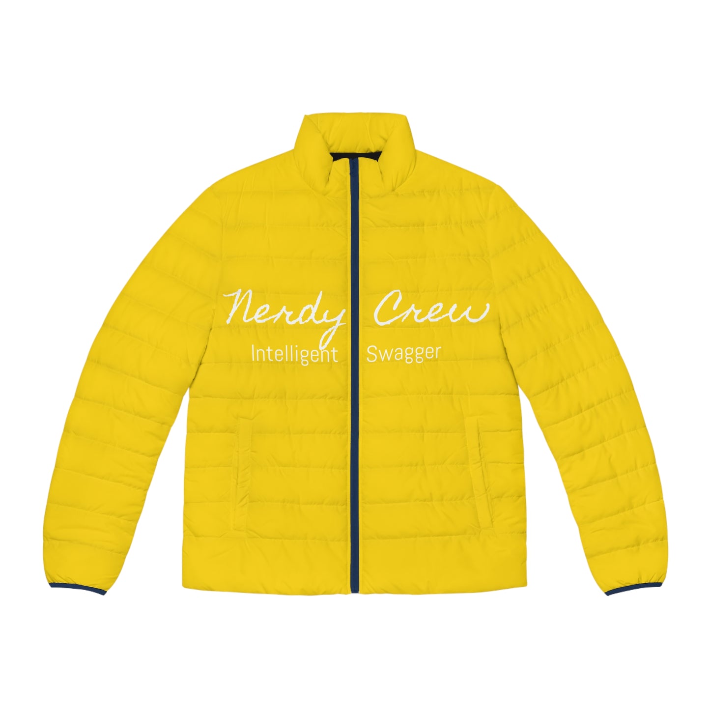 (“Nerdy Crew Supreme”) Mustard Men's Puffer Jacket (AOP)