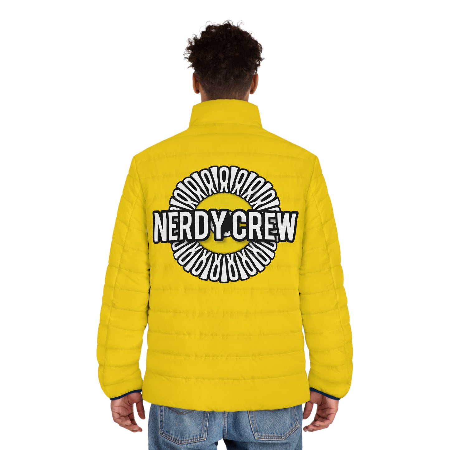 (“Nerdy Crew Supreme”) Mustard Men's Puffer Jacket (AOP)