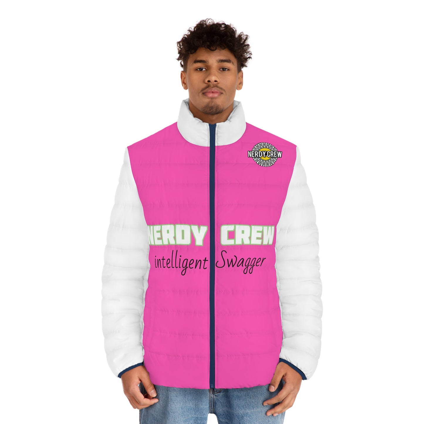 Pink Nerdy Men's Puffer Jacket (AOP)