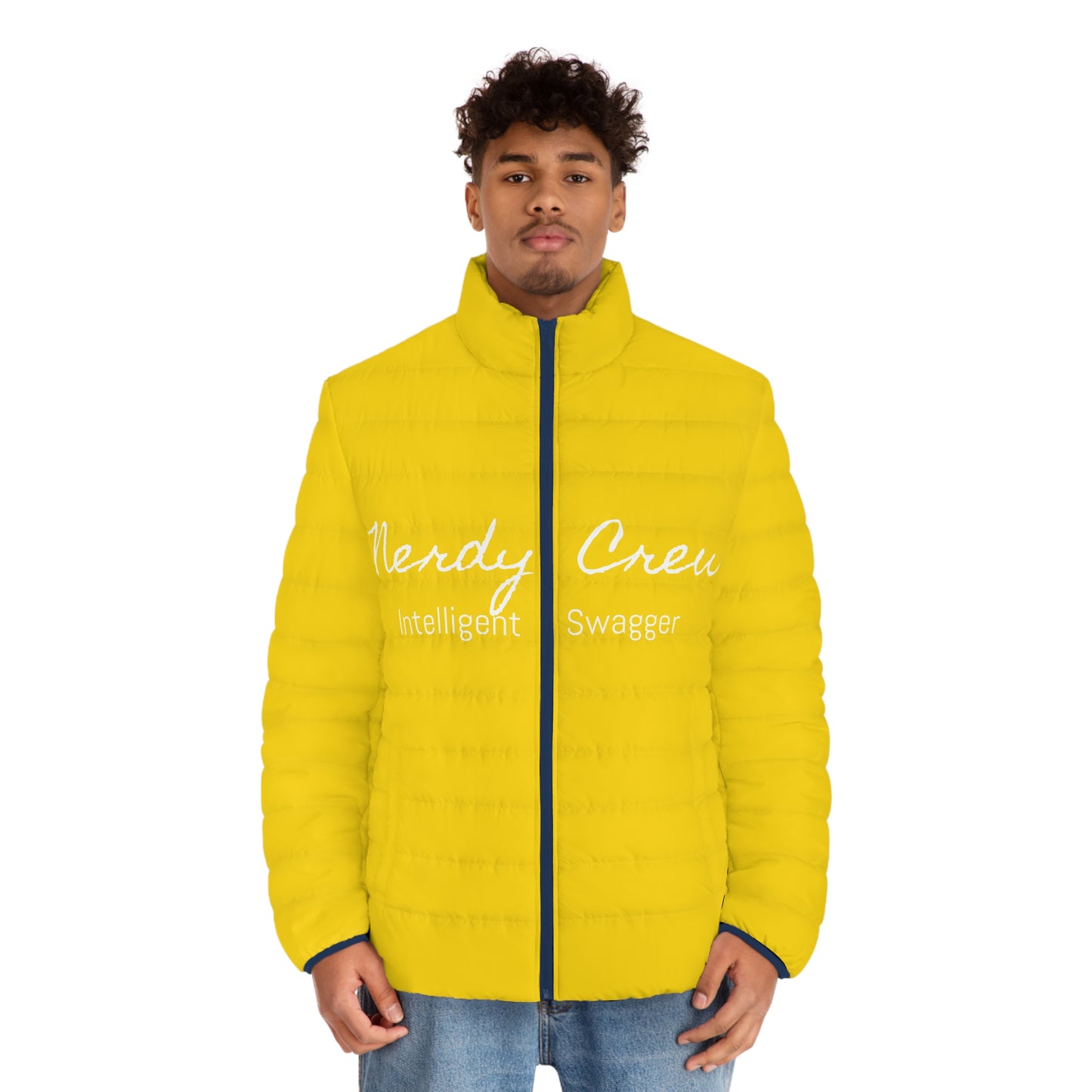 (“Nerdy Crew Supreme”) Mustard Men's Puffer Jacket (AOP)